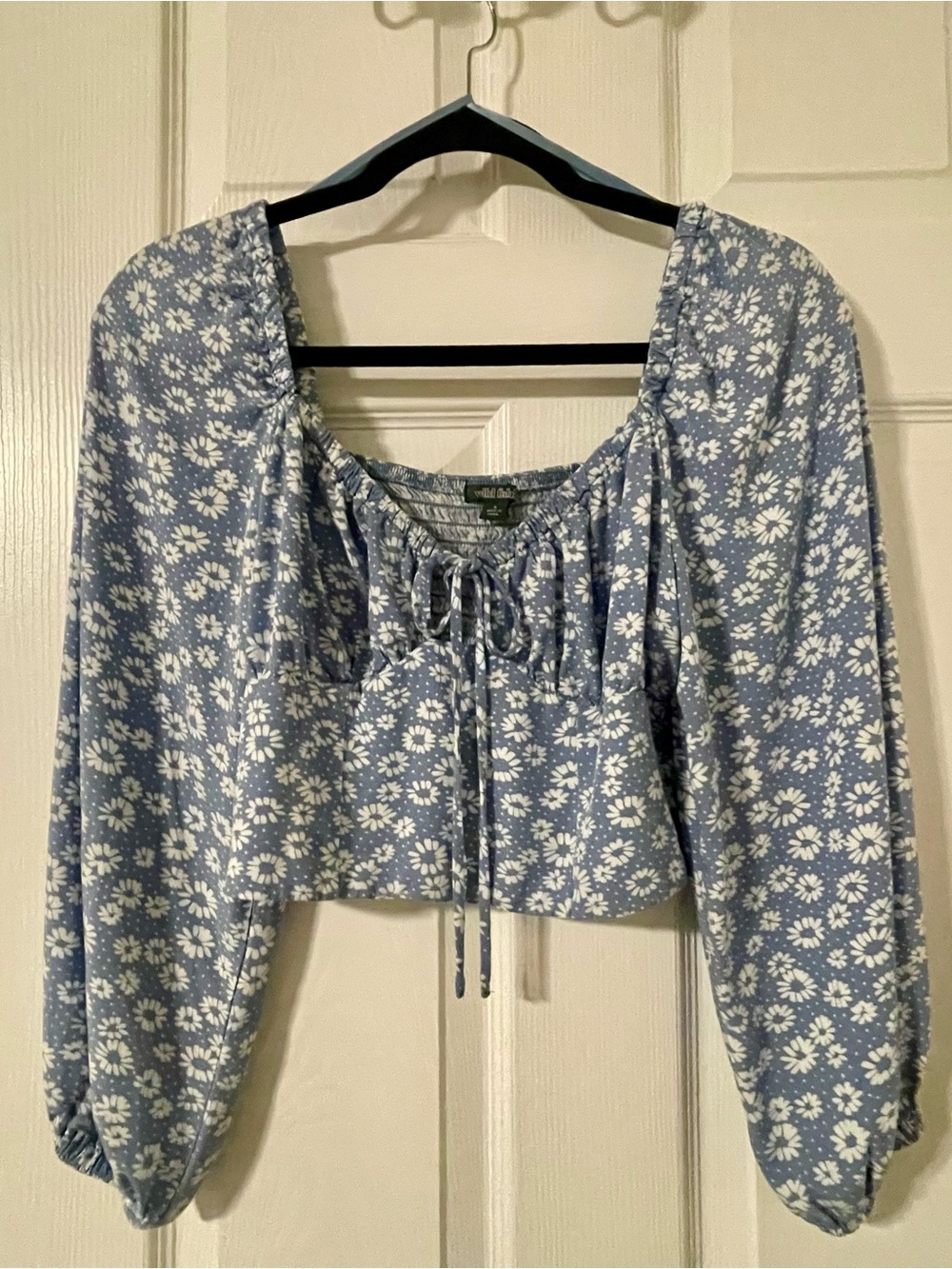Wild Fable Long Sleeve Daisy Print Tie-Front Crop Top Blue & White